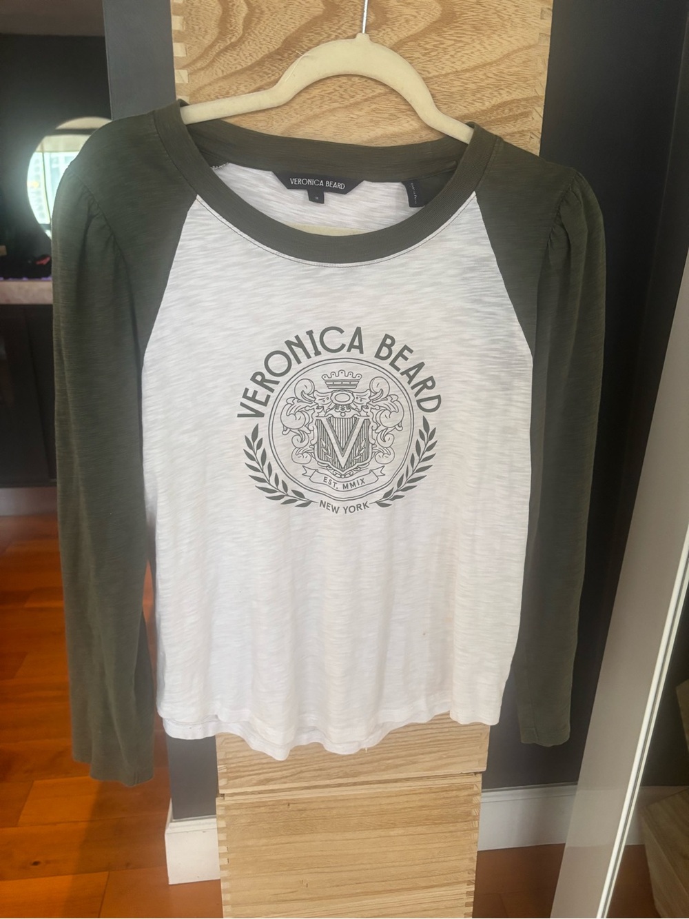 Veronica Beard White & Olive Raglan Logo Long Sleeve Tee